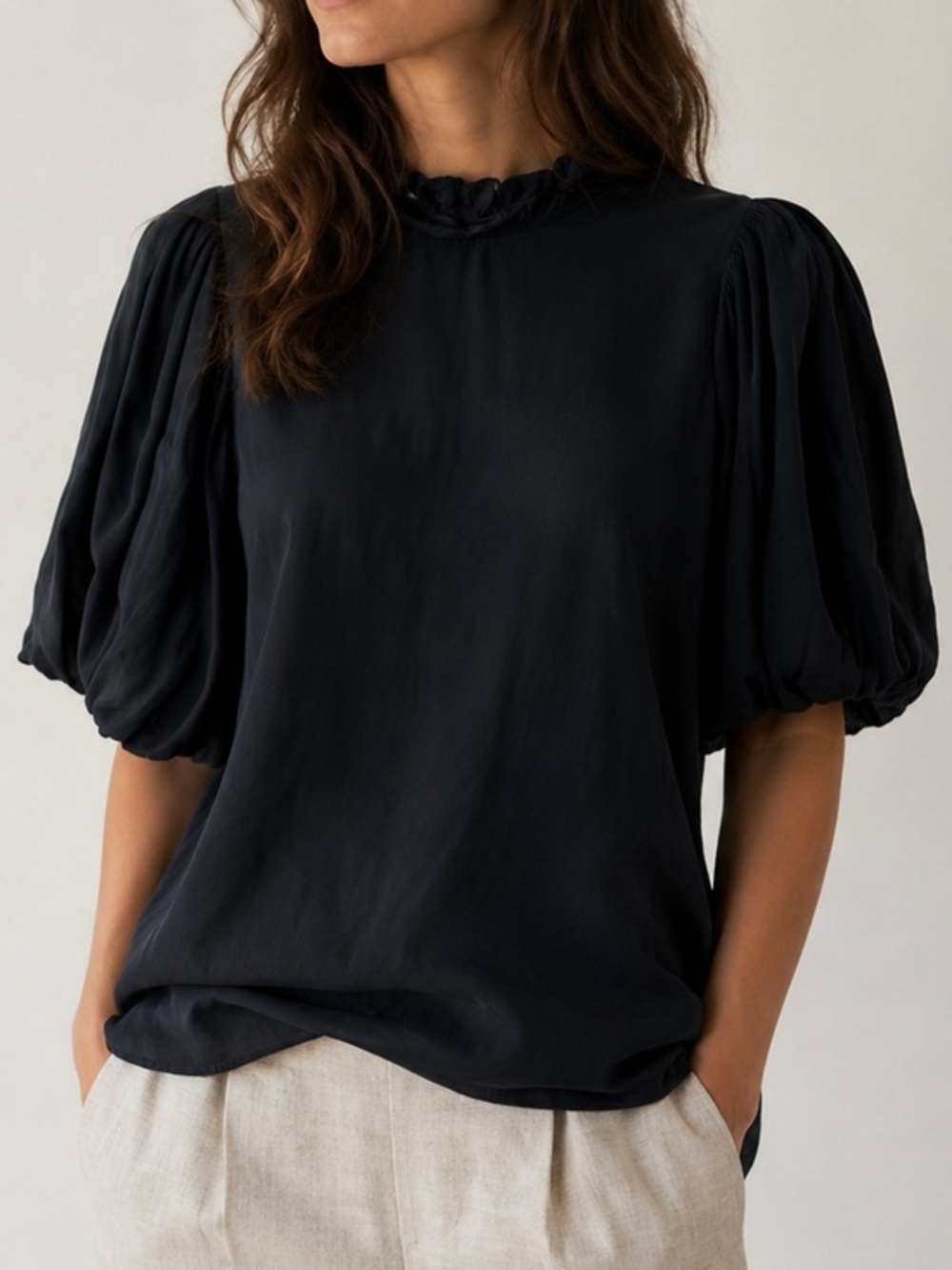 Something Navy Black Ruffle Neck Minimalist Career Chic Top Puff Sleeve Blouse